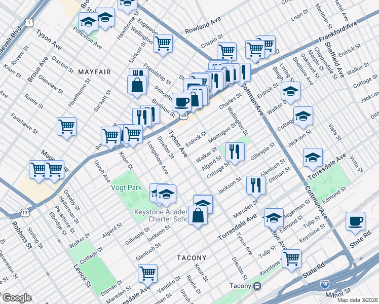 map of restaurants, bars, coffee shops, grocery stores, and more near 4209 Tyson Avenue in Philadelphia