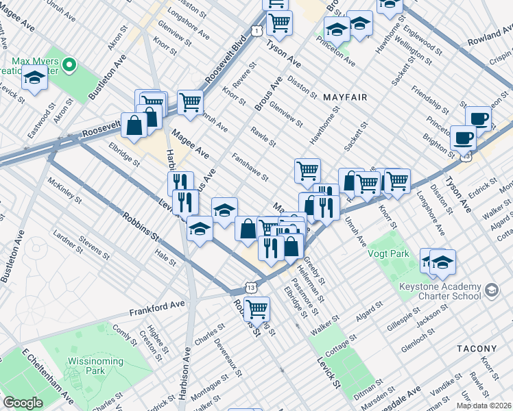 map of restaurants, bars, coffee shops, grocery stores, and more near 3041 Gilham Street in Philadelphia