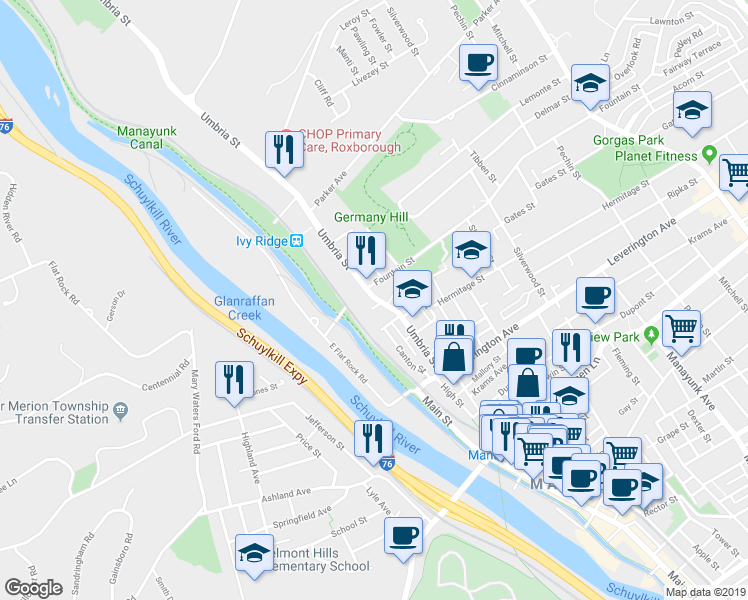 map of restaurants, bars, coffee shops, grocery stores, and more near 4730 Umbria Street in Philadelphia