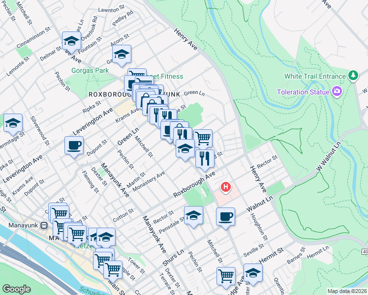 map of restaurants, bars, coffee shops, grocery stores, and more near 6001 Ridge Avenue in Philadelphia