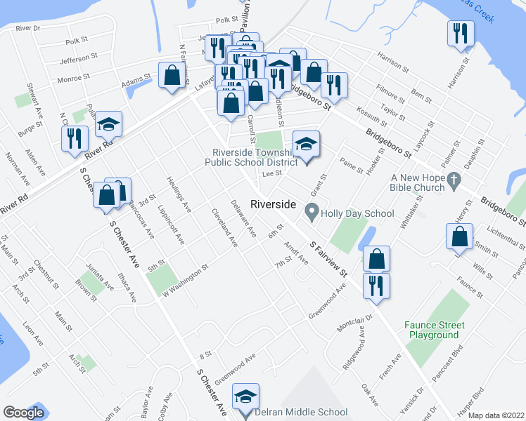 map of restaurants, bars, coffee shops, grocery stores, and more near 106 West Washington Street in Riverside