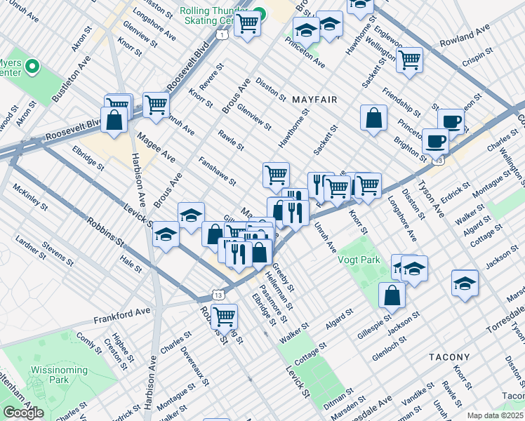 map of restaurants, bars, coffee shops, grocery stores, and more near 3144 Fanshawe Street in Philadelphia