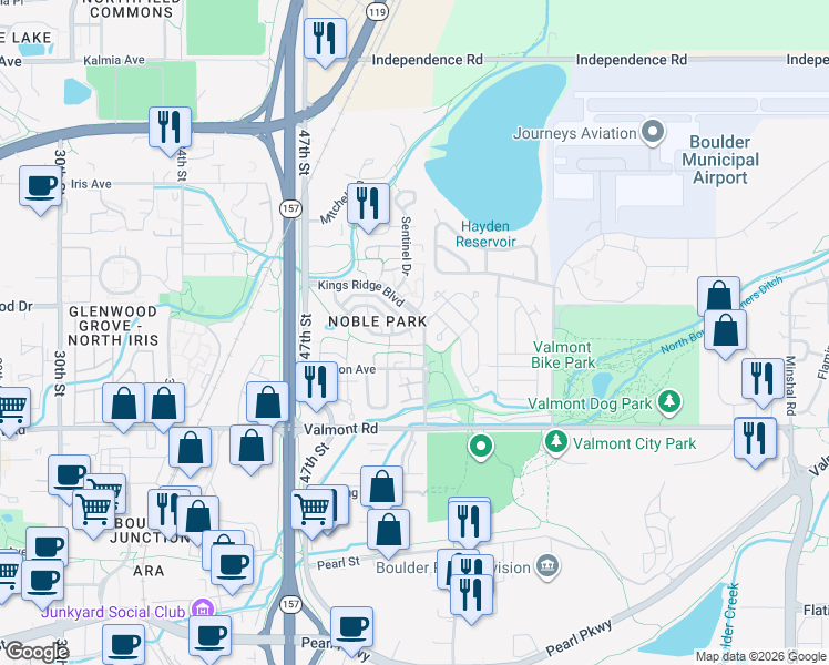map of restaurants, bars, coffee shops, grocery stores, and more near 4888 Franklin Drive in Boulder