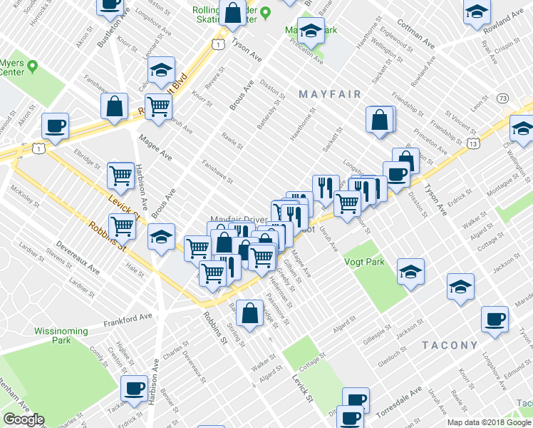 map of restaurants, bars, coffee shops, grocery stores, and more near 3144 Fanshawe Street in Philadelphia