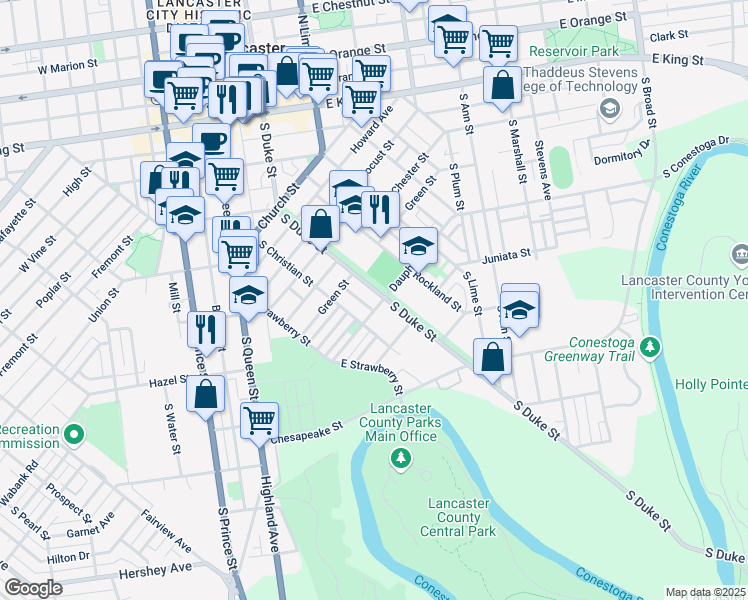 map of restaurants, bars, coffee shops, grocery stores, and more near 566 South Duke Street in Lancaster