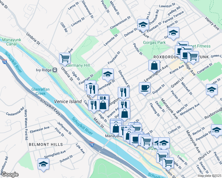 map of restaurants, bars, coffee shops, grocery stores, and more near 4685 Wilde Street in Philadelphia