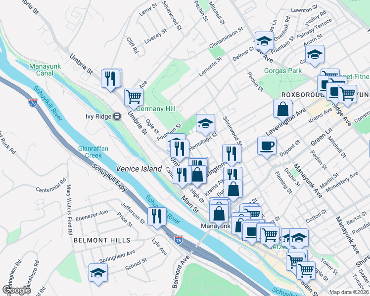 map of restaurants, bars, coffee shops, grocery stores, and more near 206 Hermitage Street in Philadelphia