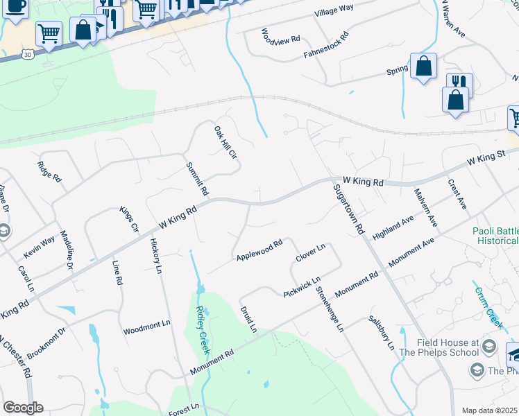 map of restaurants, bars, coffee shops, grocery stores, and more near 818 West King Road in Malvern