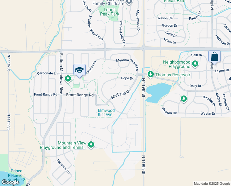 map of restaurants, bars, coffee shops, grocery stores, and more near 2193 Madison Drive in Erie
