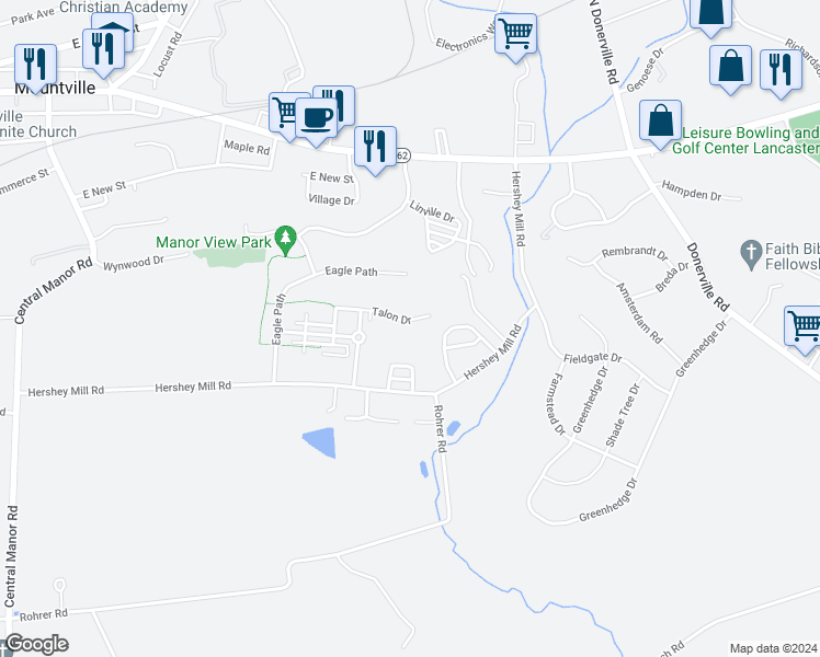 map of restaurants, bars, coffee shops, grocery stores, and more near 477 Talon Drive in Mountville