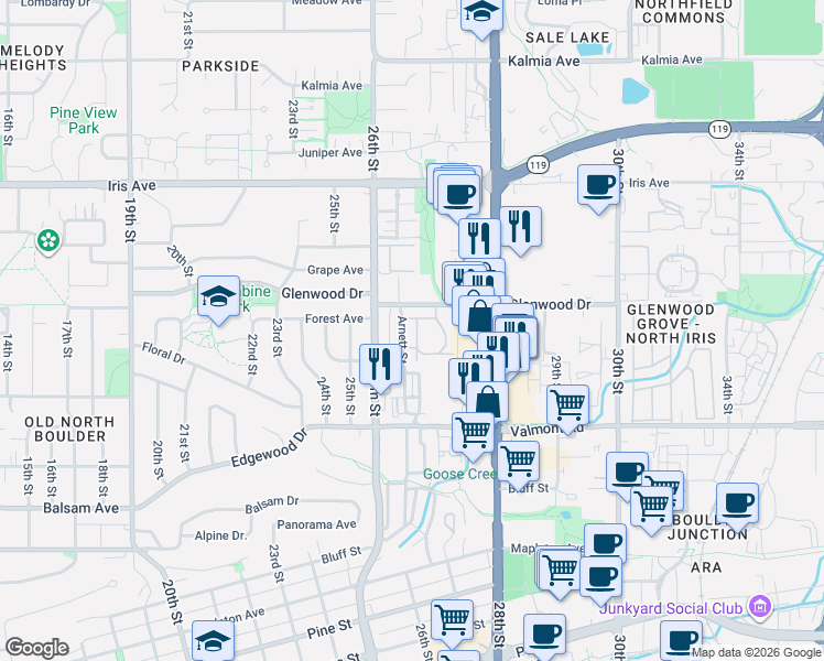 map of restaurants, bars, coffee shops, grocery stores, and more near 3155 Westwood Court in Boulder