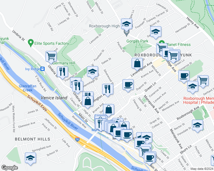 map of restaurants, bars, coffee shops, grocery stores, and more near 284 Greenough Street in Philadelphia