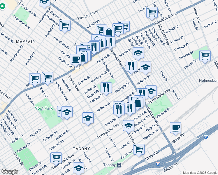 map of restaurants, bars, coffee shops, grocery stores, and more near 7138 Cottage Street in Philadelphia