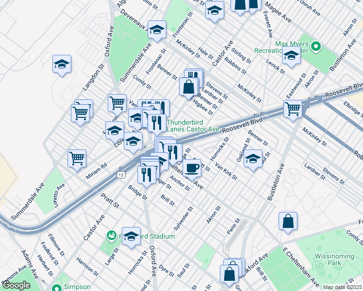 map of restaurants, bars, coffee shops, grocery stores, and more near 5877 E Roosevelt Blvd in Philadelphia