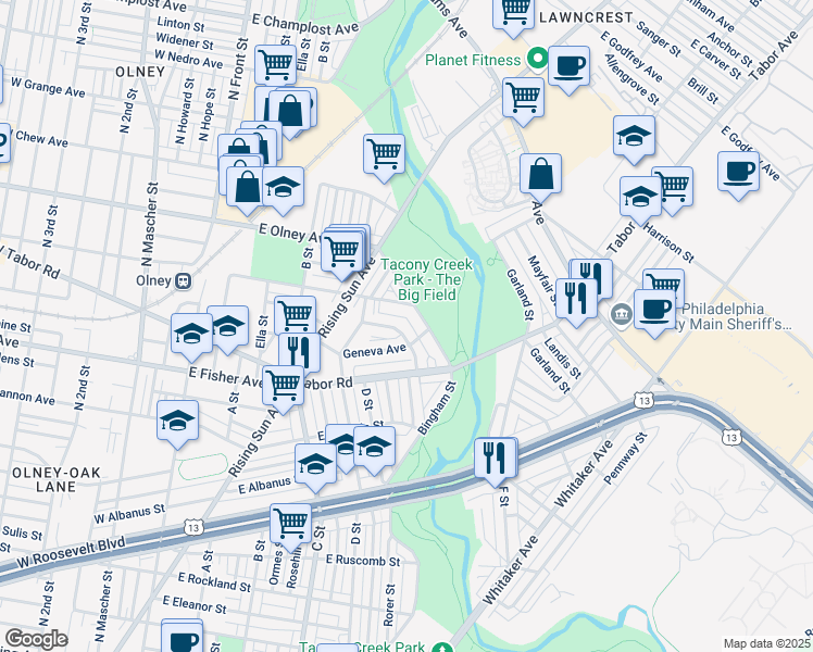 map of restaurants, bars, coffee shops, grocery stores, and more near 551 Marwood Road in Philadelphia