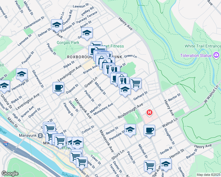map of restaurants, bars, coffee shops, grocery stores, and more near 469 Lyceum Avenue in Philadelphia