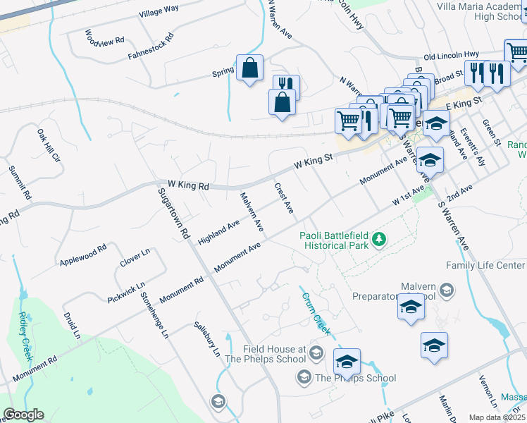 map of restaurants, bars, coffee shops, grocery stores, and more near 440 Highland Avenue in Malvern