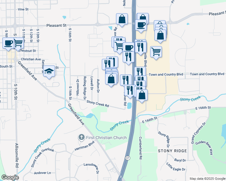 map of restaurants, bars, coffee shops, grocery stores, and more near 16751 Clover Road in Noblesville