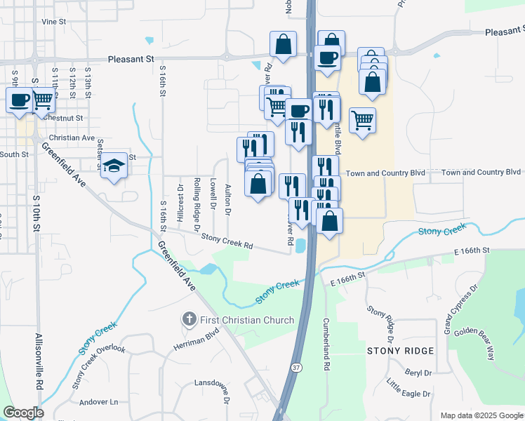 map of restaurants, bars, coffee shops, grocery stores, and more near 16751 Clover Road in Noblesville