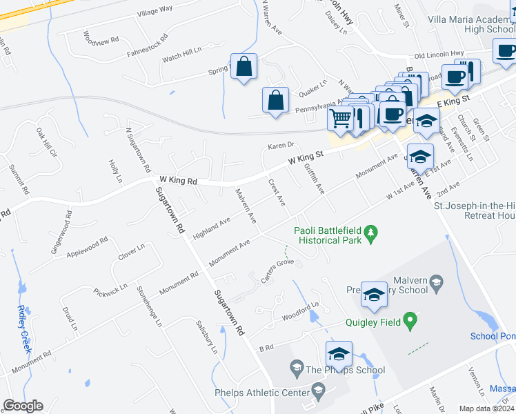 map of restaurants, bars, coffee shops, grocery stores, and more near 440 Highland Avenue in Malvern
