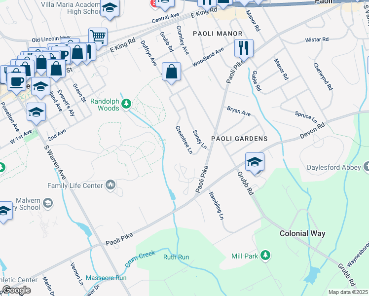 map of restaurants, bars, coffee shops, grocery stores, and more near 40 Greentree Lane in Malvern