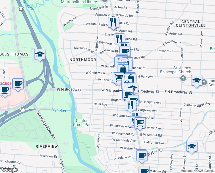 map of restaurants, bars, coffee shops, grocery stores, and more near 106 West North Broadway in Columbus