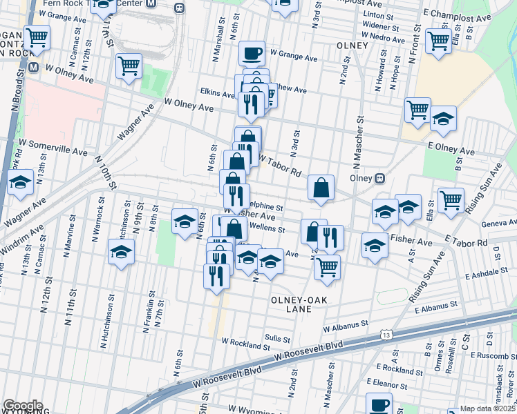 map of restaurants, bars, coffee shops, grocery stores, and more near 412 Delphine Street in Philadelphia