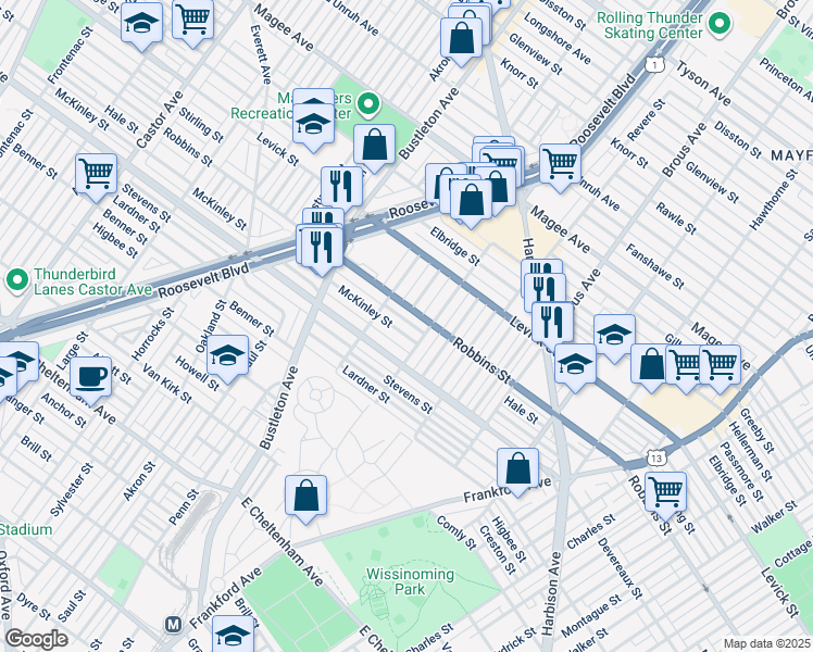 map of restaurants, bars, coffee shops, grocery stores, and more near 2135 McKinley Street in Philadelphia