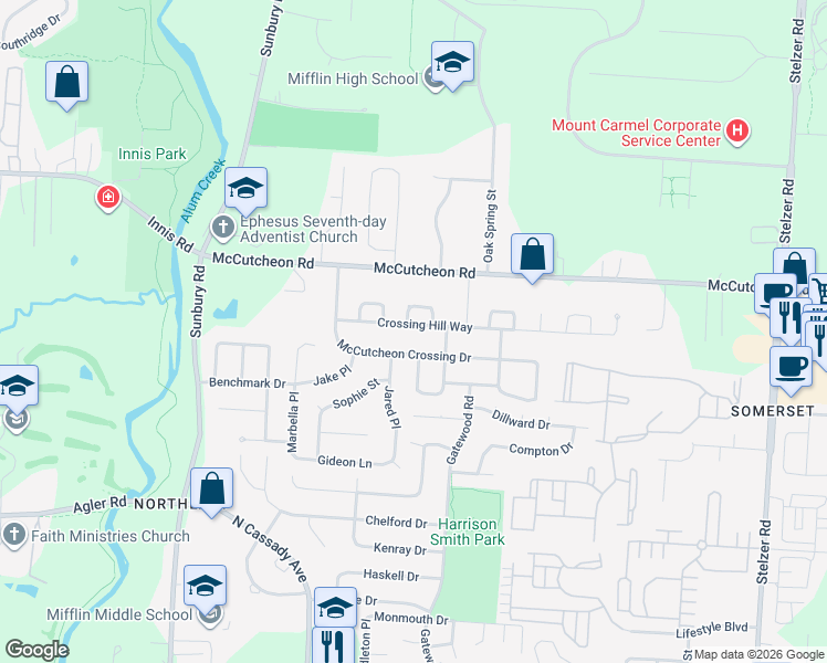 map of restaurants, bars, coffee shops, grocery stores, and more near 3275 Crossing Hill Way in Columbus