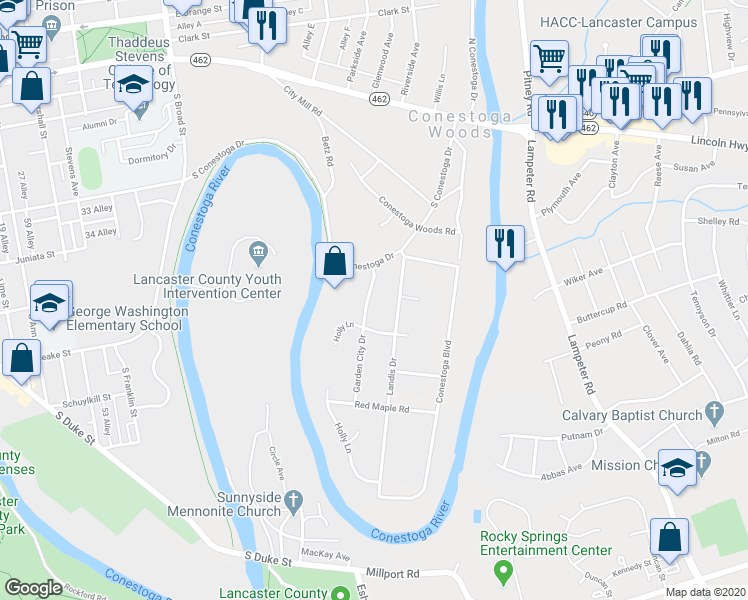 map of restaurants, bars, coffee shops, grocery stores, and more near 75 Garden City Drive in Lancaster
