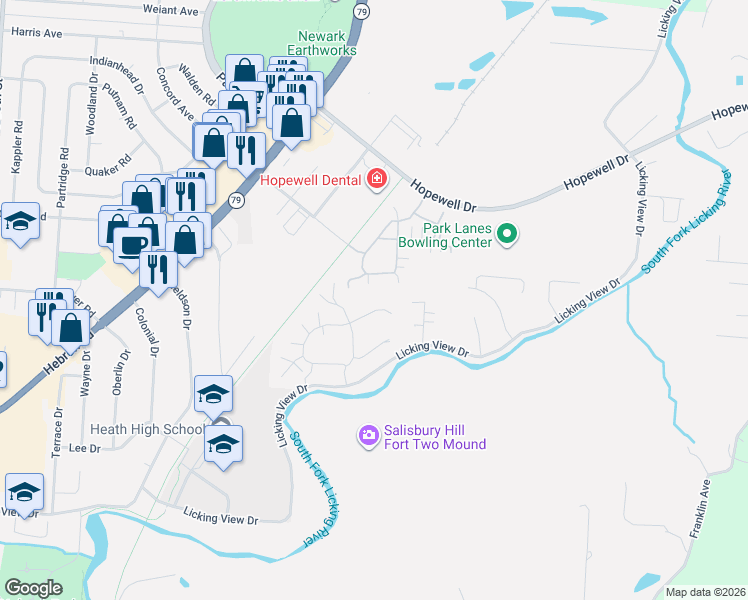 map of restaurants, bars, coffee shops, grocery stores, and more near 256 Wildwood Court in Heath