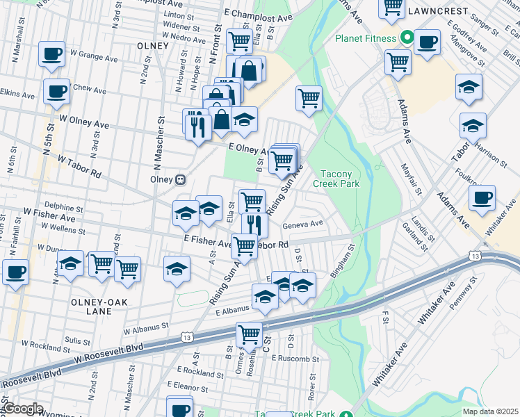 map of restaurants, bars, coffee shops, grocery stores, and more near 5401 Rising Sun Avenue in Philadelphia