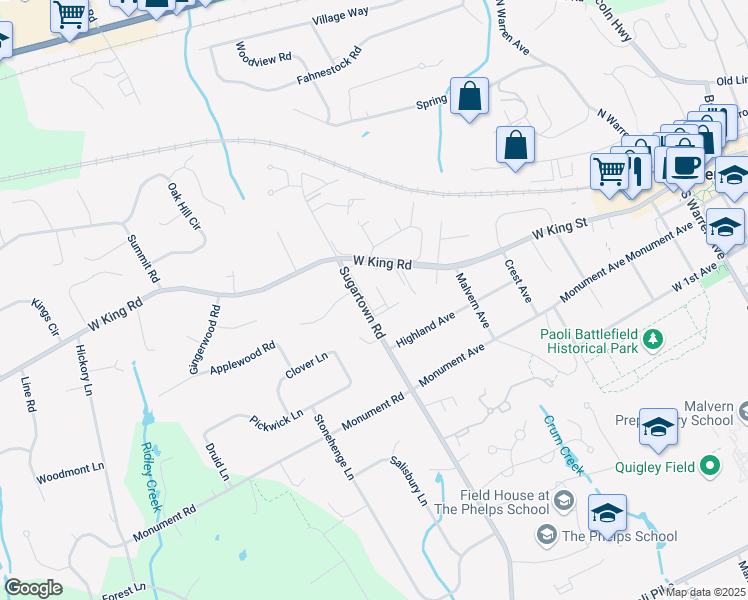 map of restaurants, bars, coffee shops, grocery stores, and more near 402 Raintree Lane in Malvern