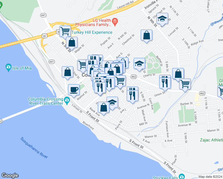 map of restaurants, bars, coffee shops, grocery stores, and more near 332 Locust Street in Columbia