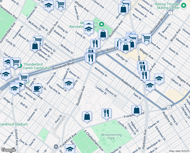 map of restaurants, bars, coffee shops, grocery stores, and more near 2056 Devereaux Avenue in Philadelphia