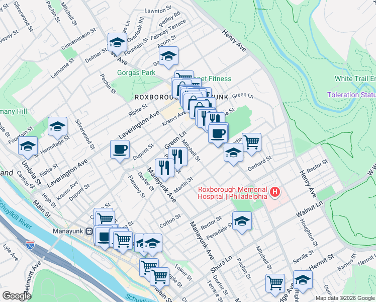 map of restaurants, bars, coffee shops, grocery stores, and more near 4448 Mitchell Street in Philadelphia