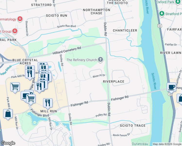 map of restaurants, bars, coffee shops, grocery stores, and more near 3373 Harbor Bay Drive in Columbus