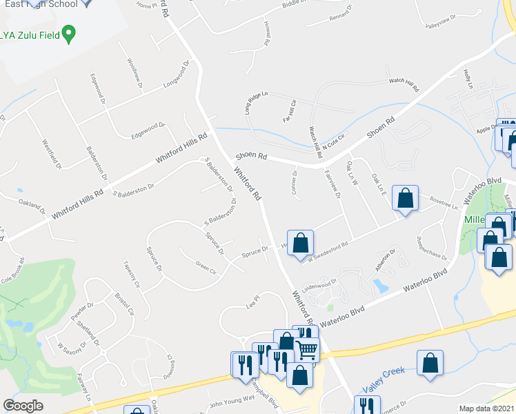 map of restaurants, bars, coffee shops, grocery stores, and more near 244 North Whitford Road in Exton