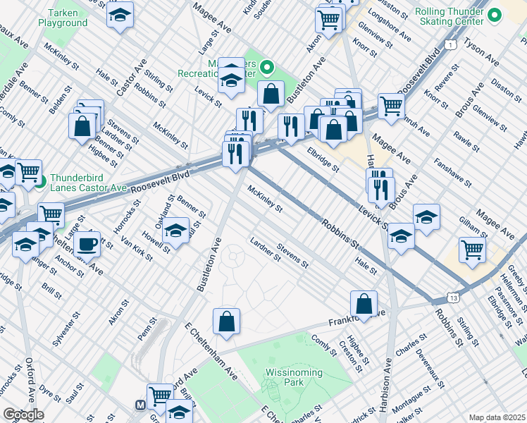 map of restaurants, bars, coffee shops, grocery stores, and more near 2053 Devereaux Avenue in Philadelphia