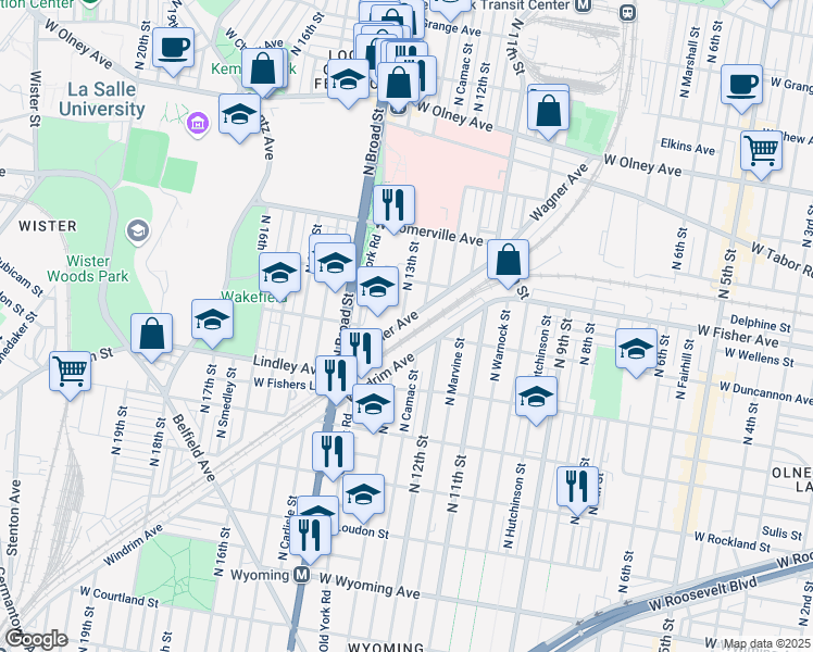 map of restaurants, bars, coffee shops, grocery stores, and more near 1250 Wagner Avenue in Philadelphia