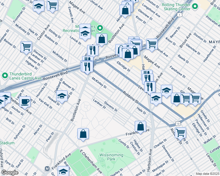 map of restaurants, bars, coffee shops, grocery stores, and more near 2133 McKinley Street in Philadelphia
