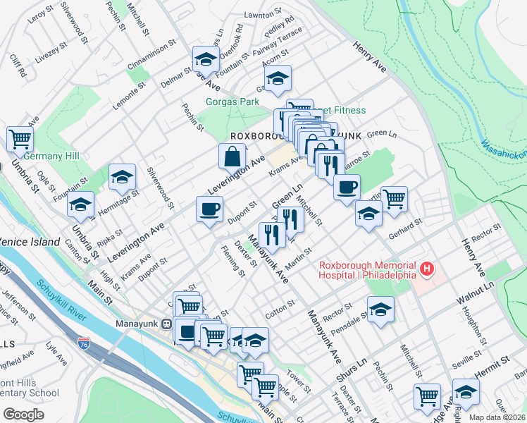 map of restaurants, bars, coffee shops, grocery stores, and more near 374 Green Lane in Philadelphia