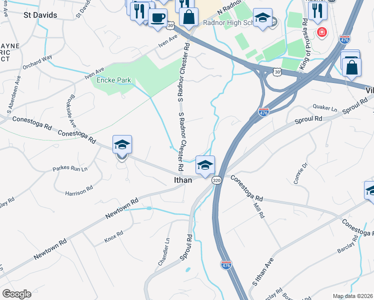 map of restaurants, bars, coffee shops, grocery stores, and more near 333 South Radnor Chester Road in Villanova