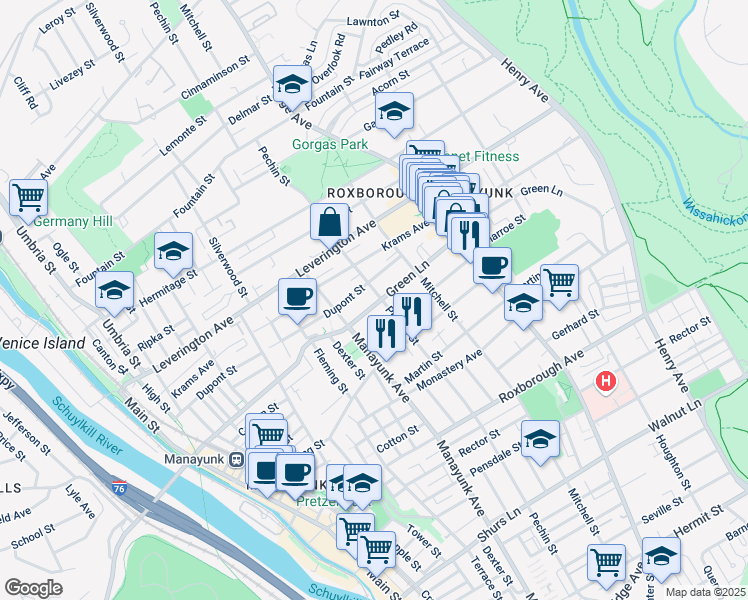 map of restaurants, bars, coffee shops, grocery stores, and more near 374 Green Lane in Philadelphia