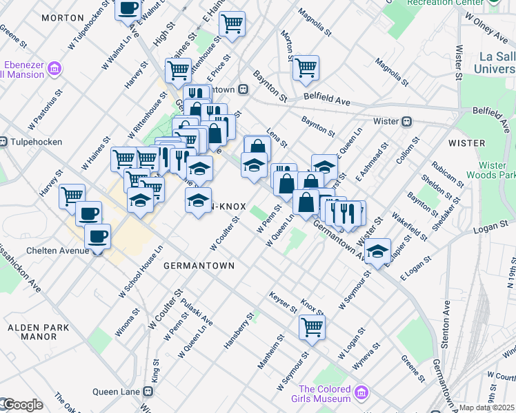 map of restaurants, bars, coffee shops, grocery stores, and more near 5348 Germantown Avenue in Philadelphia