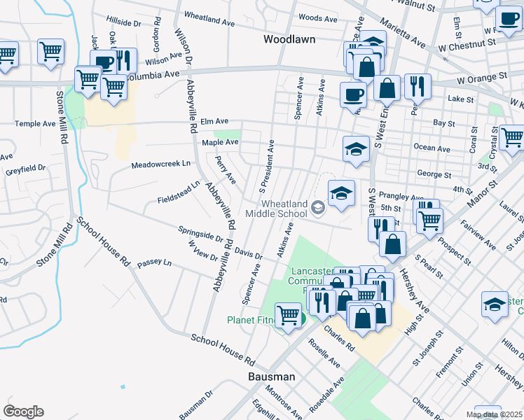 map of restaurants, bars, coffee shops, grocery stores, and more near 401 South President Avenue in Lancaster