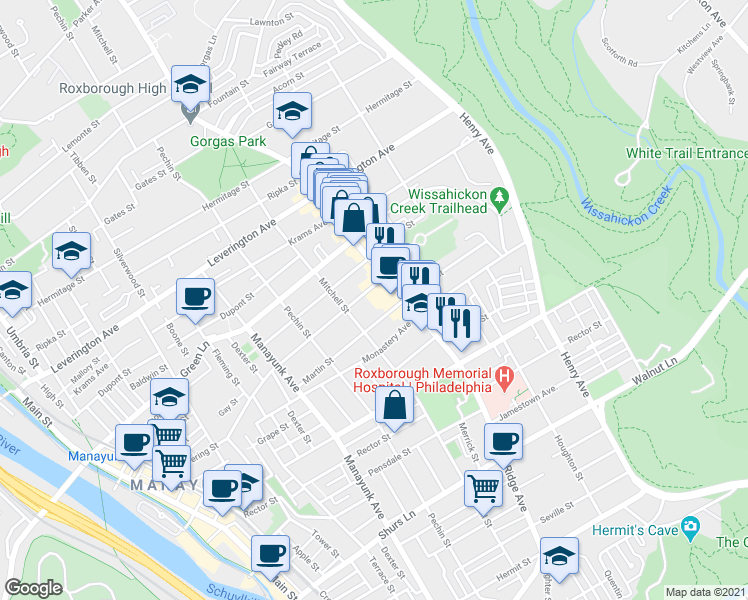 map of restaurants, bars, coffee shops, grocery stores, and more near 471 Lyceum Ave in Philadelphia