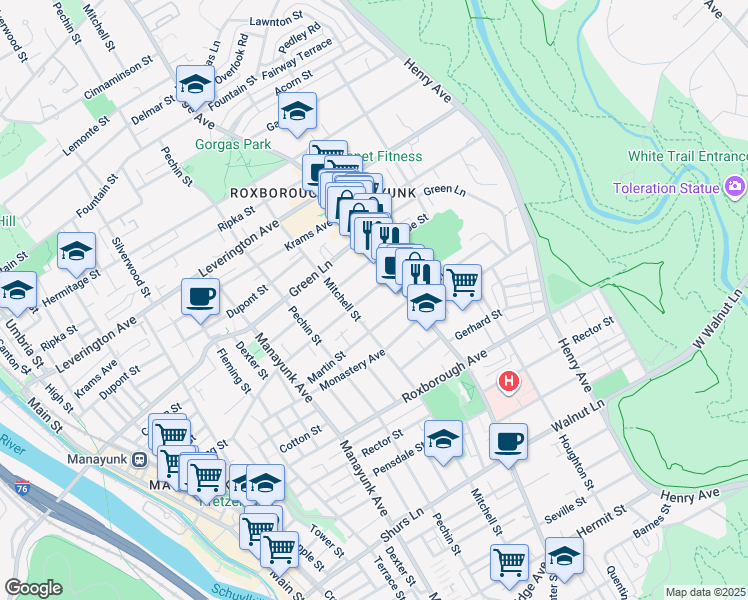 map of restaurants, bars, coffee shops, grocery stores, and more near 469 Lyceum Avenue in Philadelphia