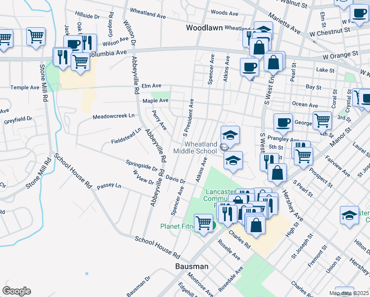 map of restaurants, bars, coffee shops, grocery stores, and more near 401 South President Avenue in Lancaster