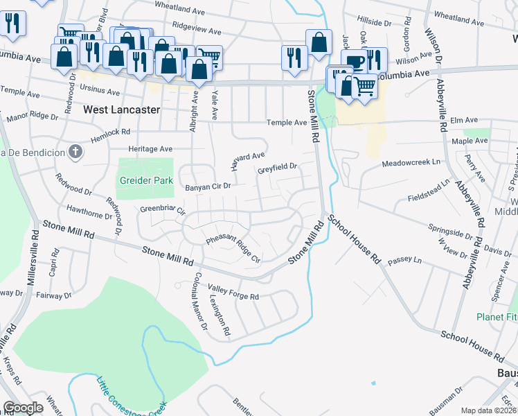 map of restaurants, bars, coffee shops, grocery stores, and more near 118 Pheasant Ridge Circle in Lancaster